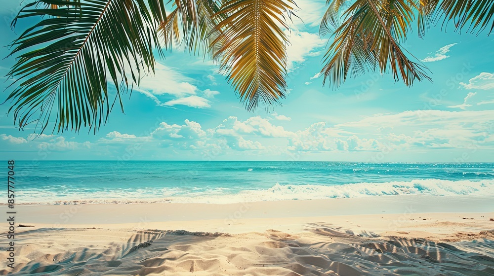 Wall mural Tropical summer sand beach and palm on sea sky background, copy space