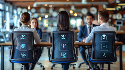 Four individuals sit in a modern office setting, their chairbacks displaying digital projections of their identity, hinting at future trends in workplace technology and identity verification