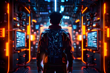 A person stands in a futuristic server room corridor with glowing blue lights and server racks, symbolizing advanced technology, data management, and IT infrastructure.
