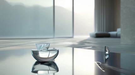 A contemporary living room with a minimalist design, featuring a single, bold piece of minimalist glassware on a reflective surface