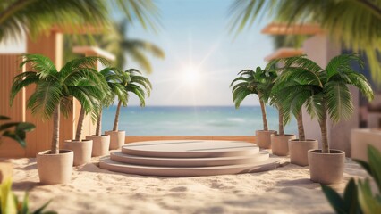 Fototapeta premium Tranquil beach scene with an empty platform surrounded by palm trees. Product display mockup.