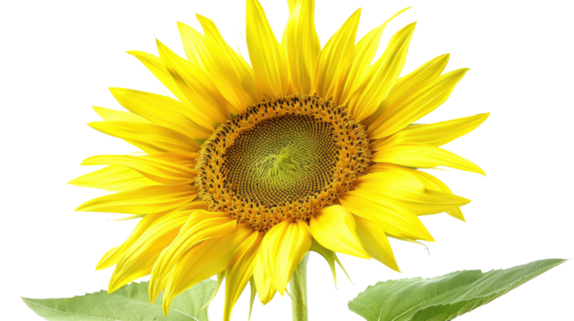 Photograph of a single sunflower in full bloom, its petals radiating outwards like sunbeams against a clear background