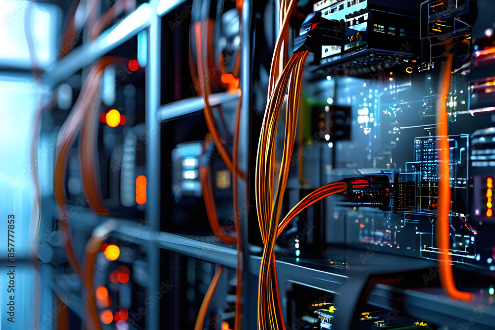 Poster close-up of a data center with vibrant cables connected to servers and a screen displaying digital d