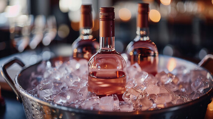 Three bottles of rose wine are nestled in a silver bucket filled with ice