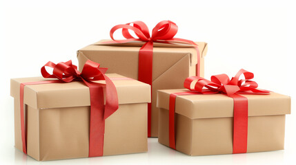 Obraz premium gift box wrapped with brown paper and red ribbon isolated on white