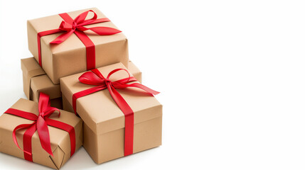 Obraz premium gift box wrapped with brown paper and red ribbon isolated on white