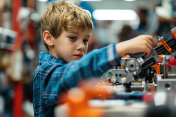 Young Boy Engaged in Science Experiment at Workshop, Focused on STEM Education and Learning Activities.