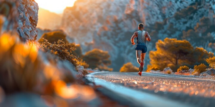 determined man is energetically running on a lonely road winding through majestic mountains.