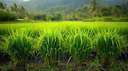Obraz premium Lush Green Rice Field with Young Paddy Plants and Mountain Landscape in the Background.