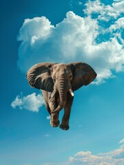 Fototapeta premium Flying elephant against a background of blue sky and clouds. Animal in the air