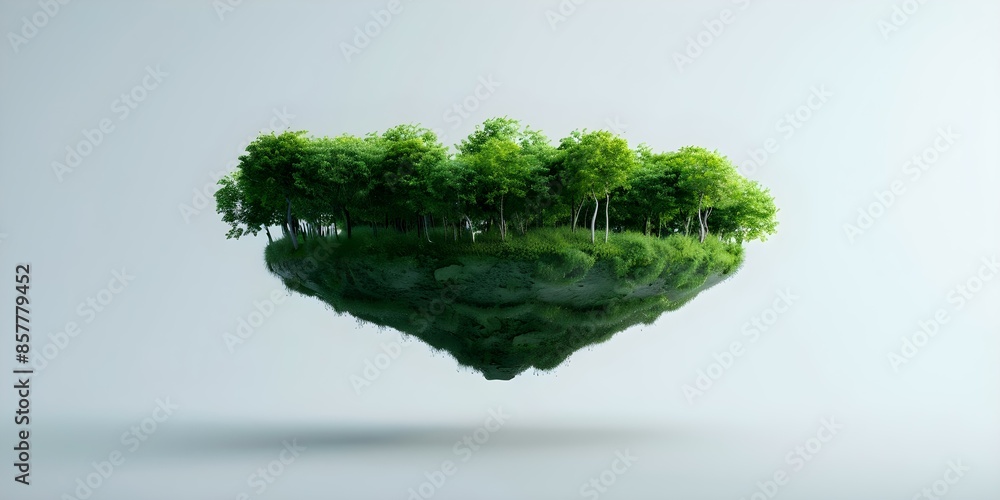 Poster a 3d rendering of a floating forest island with lush green canopies. concept 3d rendering, floating 