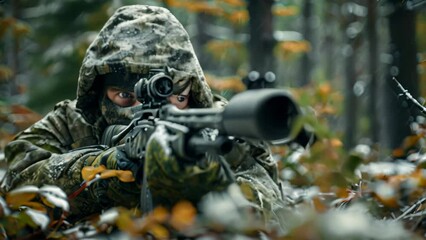 A man with a gun is aiming in the woods, preparing to shoot, Capture the moment of a hunter taking aim with a rifle