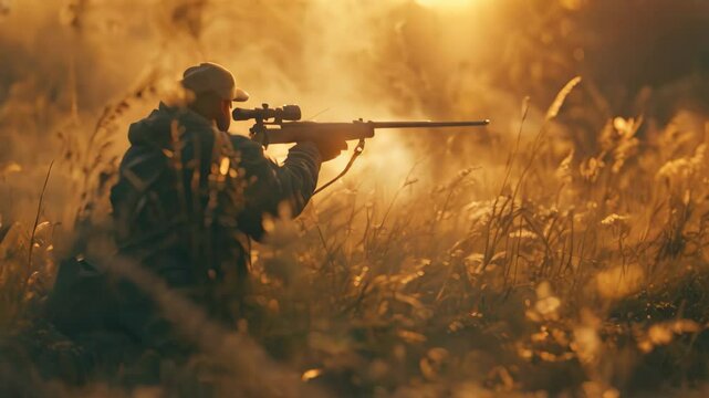 Hunter carefully aims rifle in the field, Capture the moment of a hunter taking aim with a rifle
