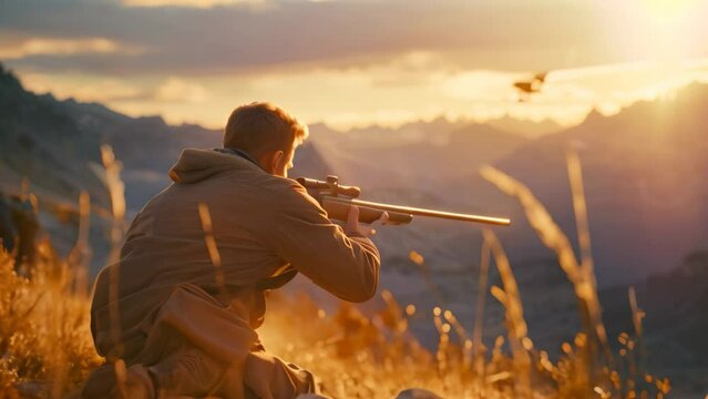 A man is sitting on a hill, aiming with a rifle, Capture the moment of a hunter taking aim with a rifle