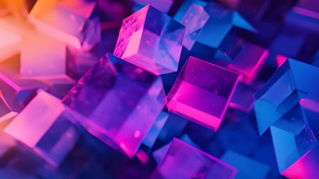 Numerous cubes suspended in the air, creating a visually striking scene of levitation and suspension, Capturing the complexity of blockchain technology through abstract shapes and colors