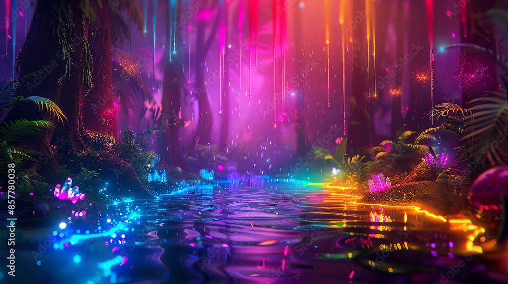 Poster a vibrant and magical forest illuminated by colorful lights, creating a surreal and enchanting atmos