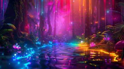 A vibrant and magical forest illuminated by colorful lights, creating a surreal and enchanting atmosphere at night.