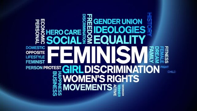 Feminism animated word cloud;text design animation tag kinetic typography seamless loop.