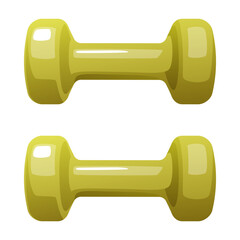 Vector illustration of green dumbbells for the gym. Sports equipment for fitness. Light weight dumbbells for sports training of body muscles. Two dumbbells on a white background.