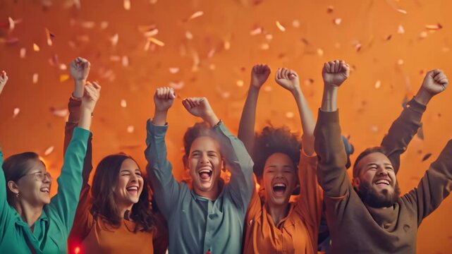 Diverse group of people celebrating together, throwing confetti in the air, showing unity and joy, Celebrating the contributions of every team member