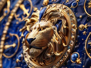 Obraz premium Leo zodiac sign, intricate lion sculpture with a blue background, featuring astrological symbols.
