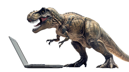 Photograph of a photorealistic Tyrannosaurus Rex working on a MacBook Pro, with a transparent background