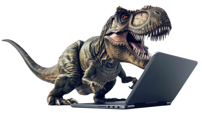 Photograph of a photorealistic Tyrannosaurus Rex working on a MacBook Pro, with a transparent background