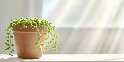String of Pearls houseplant in terracotta pot at home under sunlight. Concept Houseplants, Interior Design, Home Decor, Indoor Gardening, Natural Lighting