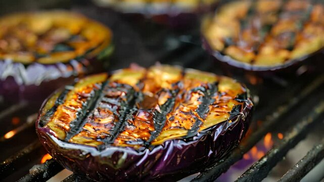 Purple eggplant slices, corn on the cob, and juicy beef steaks sizzling on a hot grill with charred grill marks, Charred grill marks on a perfectly cooked purple eggplant