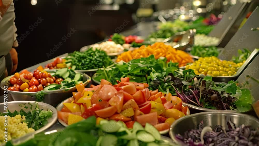 Poster a buffet line filled with a colorful array of fresh vegetables for a gourmet salad preparation, chef
