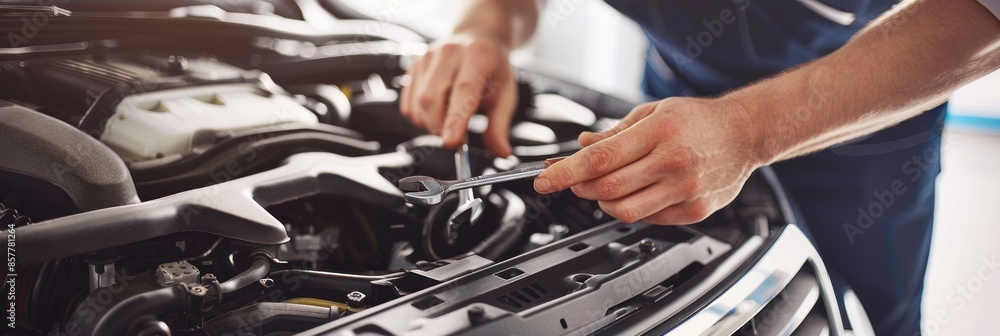 Poster a car mechanic was working with tools on the car engine. their hands were holding and using a wrench