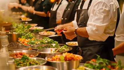A team of chefs busy preparing gourmet salads in a bustling kitchen setting, Chefs preparing a gourmet salad with a variety of toppings