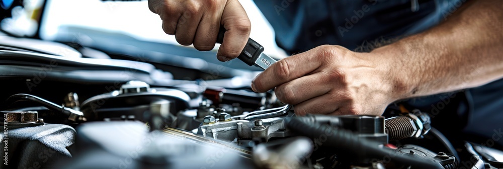 Poster a car mechanic was working with tools on the car engine. their hands were holding and using a wrench