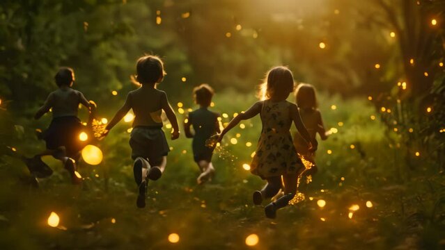 Children joyfully running through dense forest, amid trees, foliage, and underbrush, Children chasing fireflies in the dusk