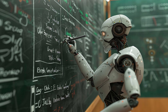 A humanoid robot writing complex equations on a blackboard, surrounded by mathematical formulas and diagrams. Rendered in the style of photorealistic art with focus on the details of humanlike facial 