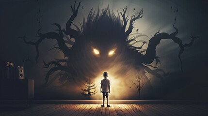 Fototapeta premium Child conquering nightmares and imaginary monsters in psychology banner.