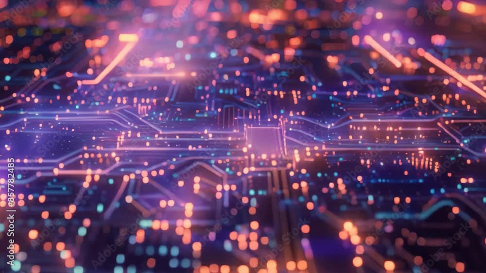 Poster detailed view of circuits and nodes on a computer motherboard creating a digital ecosystem, circuits