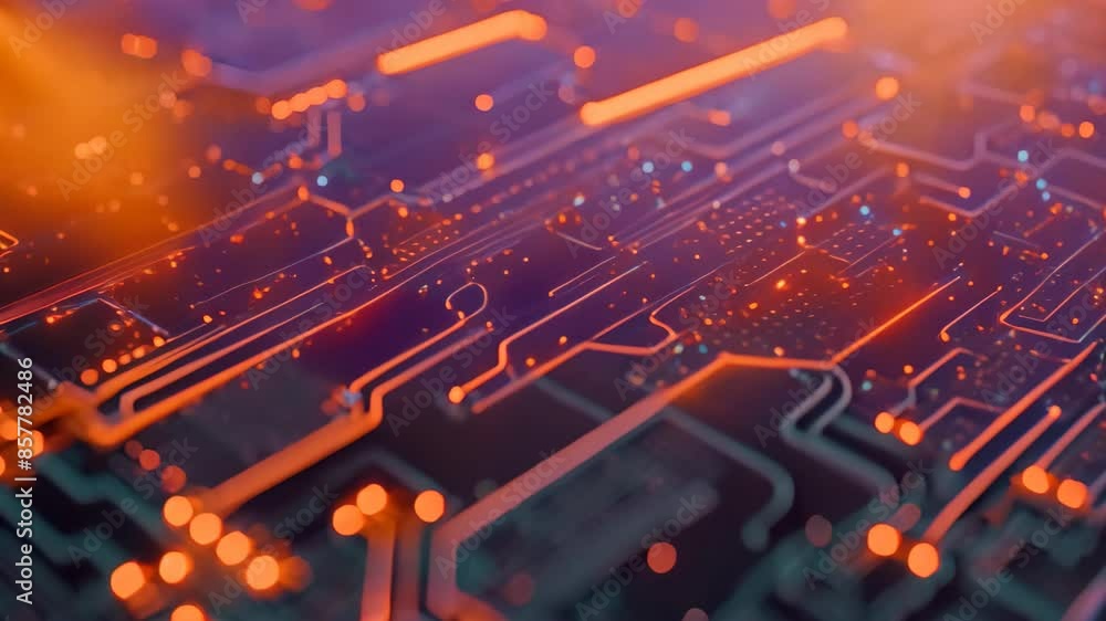 Poster detailed view of circuits and nodes creating a digital ecosystem on a computer circuit board, circui