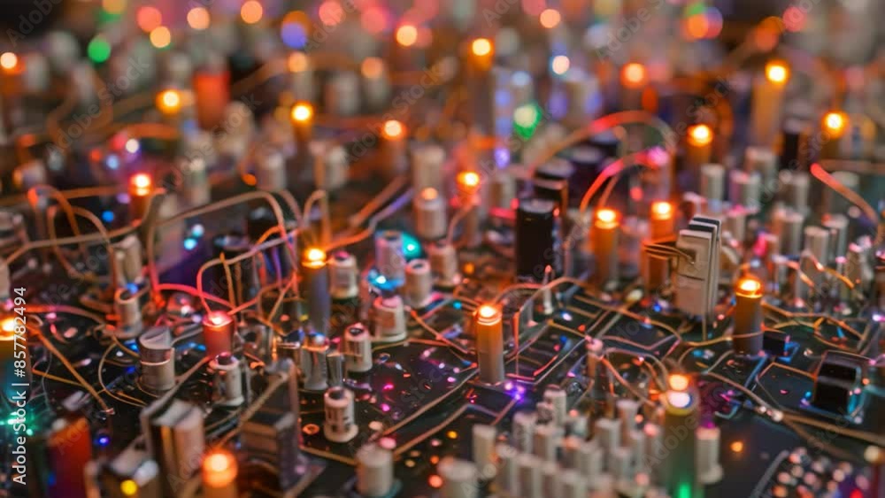 Poster a detailed view of a circuit board with numerous lights emitting various signals and data, circuits 