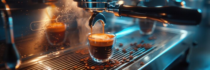 Espresso coffee being pulled from an espresso machine in the style of a professional barista with steam, Coffee cover background.