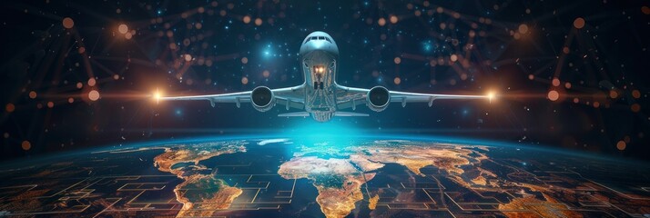 Technology Airplane fly on world map, concept of global network and connectivity, international data transfer and cyber technology, worldwide business, information exchange and telecommunication.