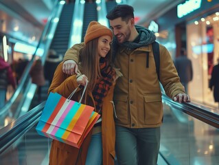 A happy couple is at the mall, shopping together, riding the escalator, enjoying a festive holiday experience, being fashionable and bonding. They are having a great time together