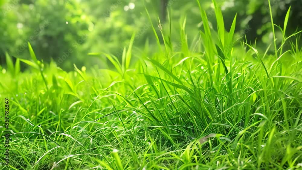 Poster a field of green grass with clusters of trees in the background, clusters of grass blades forming a 