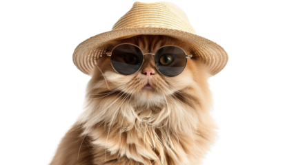 Photograph of a Persian cat wearing sunglasses and a straw hat, enjoying a relaxing day at the beach against a transparent background.