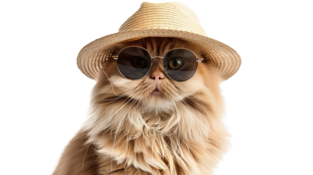 Photograph of a Persian cat wearing sunglasses and a straw hat, enjoying a relaxing day at the beach against a transparent background.
