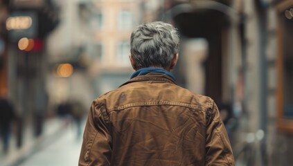 Fototapeta premium A Man Walking Through a City, Looking Away from the Camera