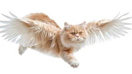 Photograph of a Persian cat with wings, soaring through the air like a magical creature against a transparent background.