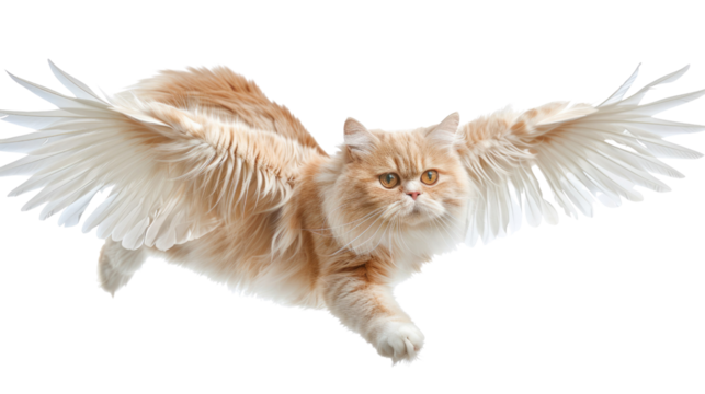 Photograph of a Persian cat with wings, soaring through the air like a magical creature against a transparent background.