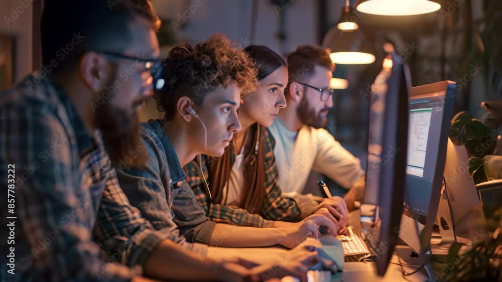 Poster a team of individuals collaborating on a software project while seated at a desk with a computer in 