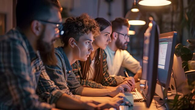 A team of individuals collaborating on a software project while seated at a desk with a computer in front of them, Collaborative team working on a software project